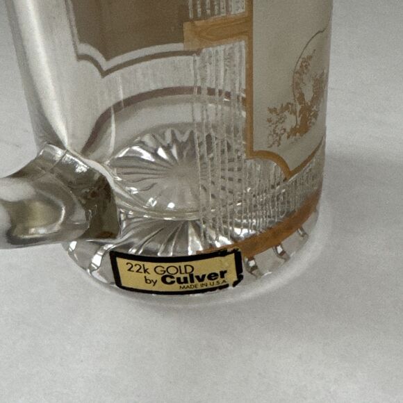 Culver Red River NM Glass Mug 22K Gold Deer Mtn Etched Tree Detailing Vintage - Picture 2 of 5